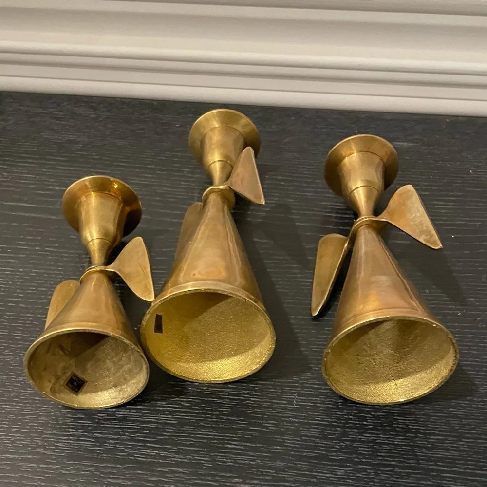 Set Of 3 Mid Century Brass Angel Wing Candle Holder Christmas MCM Taper